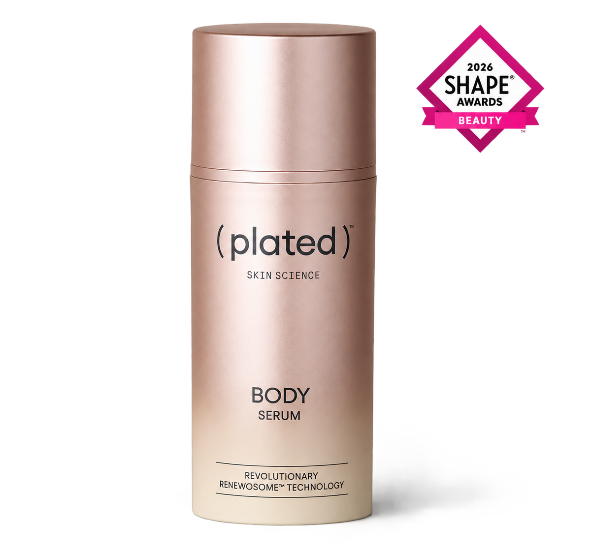 Plated BODY Serum with SHAPE Awards badge on transparent background