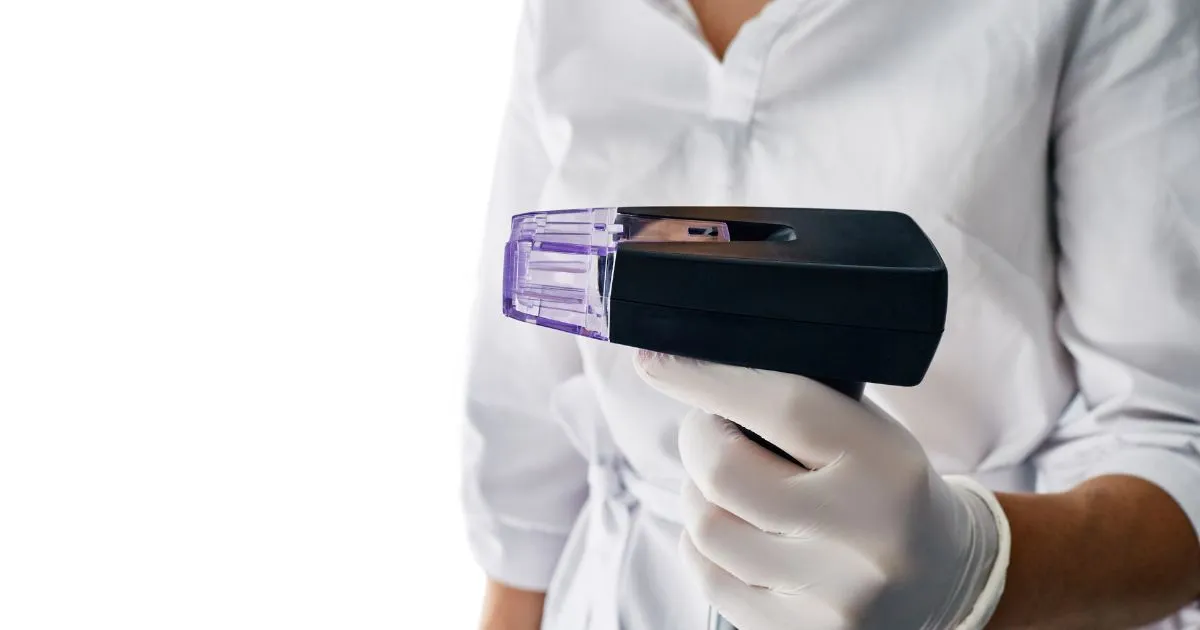 Professional administering Morpheus8 RF microneedling treatment to a client's jawline for skin tightening and collagen stimulation